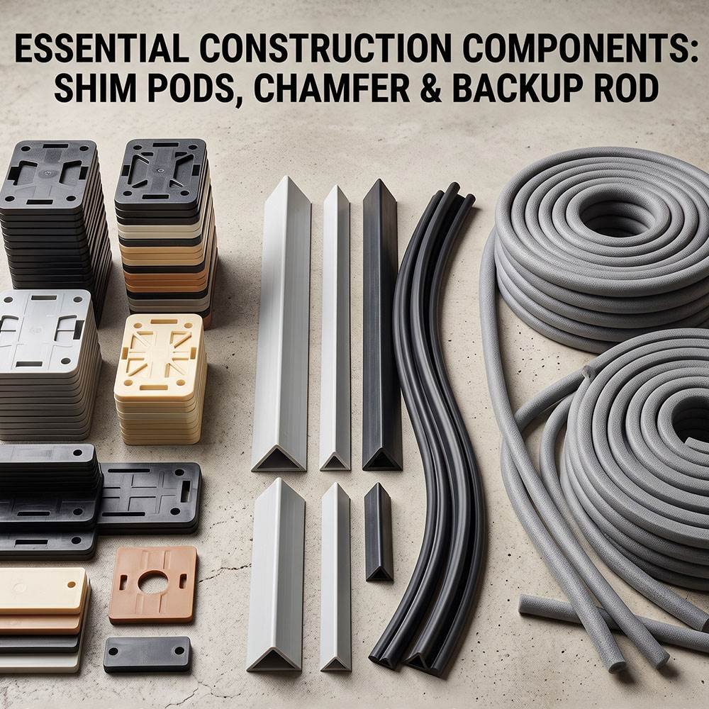 Shim pods chamfer and backup rod for construction applications
